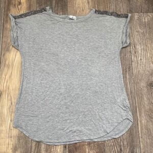 89th + Madison Womens Gray Rhinestone Shoulder Short Sleeve Knit Top Size S